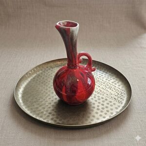 Vintage MCM Red Drip Glaze Ceramic Ewer Vase, Small Boxed, Gift Ready, 7" Tall